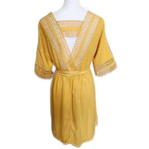 Altar'd State Jovanna Mustard Mini Dress With Tie Belt, Embroidered, L - Picture 3 of 8